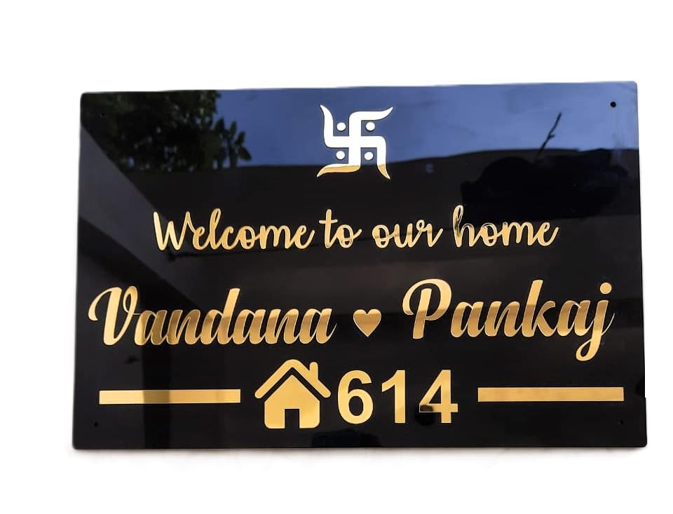 Customized Home Name Plate | Welcome Design with Names & House Number | Black & Gold Acrylic | 12x18 inches Waterproof Name Board for Main Door,...