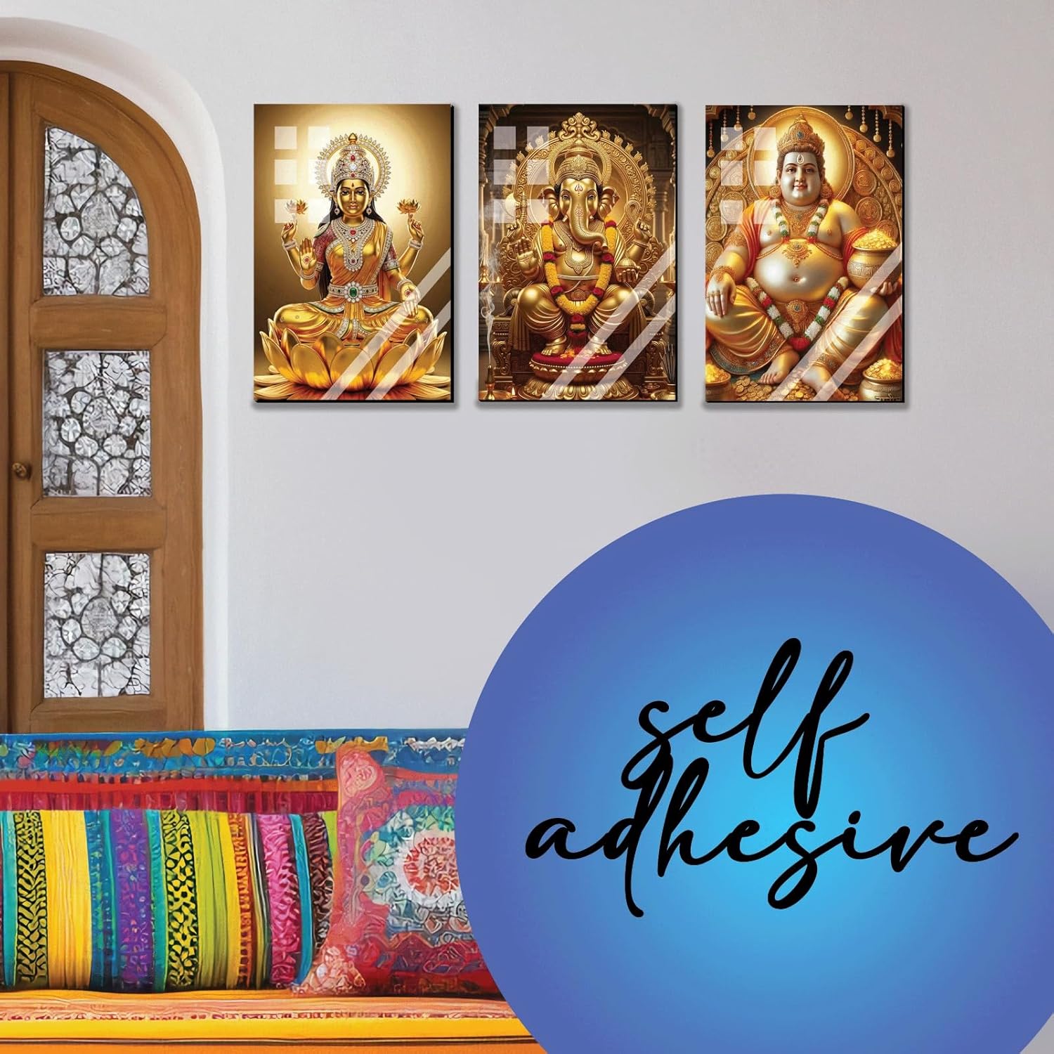 NestivaHome Premium Hindu God Wall Art Set of 3 – Lakshmi, Ganesha & Kubera Photo Frames for Home Décor | Spiritual Wall Hanging Paintings for Living Room, Pooja Room & Office | Gold Religious Poster Prints (12x8 Inches Each)