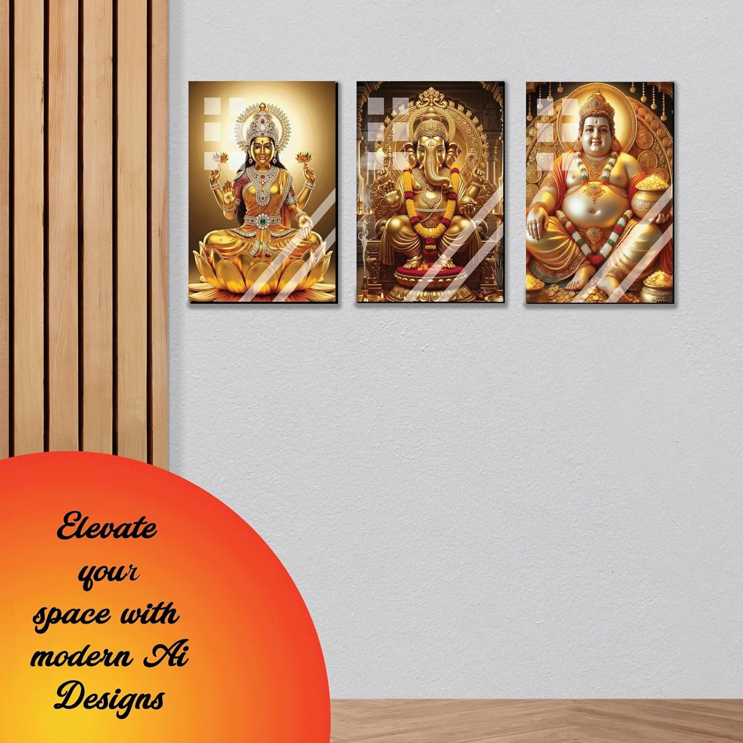 NestivaHome Premium Hindu God Wall Art Set of 3 – Lakshmi, Ganesha & Kubera Photo Frames for Home Décor | Spiritual Wall Hanging Paintings for Living Room, Pooja Room & Office | Gold Religious Poster Prints (12x8 Inches Each)